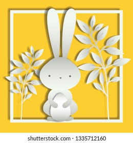 square frame with leafs and easter rabbit
