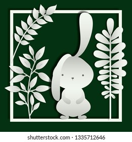 square frame with leafs and easter rabbit