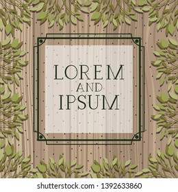 square frame with leafs plants in wooden background