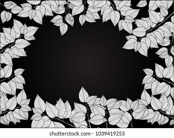 Square frame of Leaves with branch  on black background.