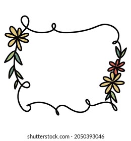 Square frame with leaves. Hand drawn frame with flowers. Doodle style.