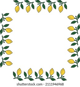 Square frame with lemon on a green branch on white background. Vector image.