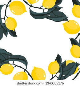 Square frame with lemons branches. Hand drawn illustration on white background.