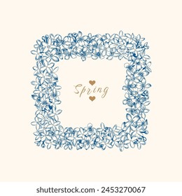 Square frame of lilac flowers. Blue drawing. Spring art. Vintage botanical illustration. Vector graphics.