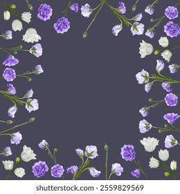 Square frame of lilac and white bells on a purple background