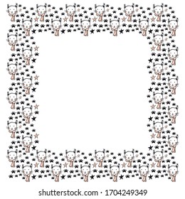 A square frame of lynx faces with pink cheeks and a mustache on the muzzle and a pink scarf around the neck, traces of paws and stars. White background. Template for text in scandinavian style. Vector