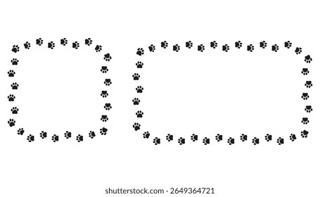 Square frame made of animal paw prints in silhouette and outline styles. Cute dog or cat paw trail border set. Decorative vector element for pet-themed designs, cards, or websites.