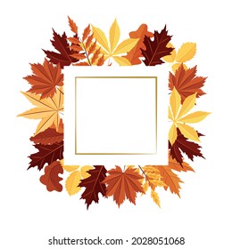 Square frame made of autumn leaves. An empty space for the text. Postcard. A design element. Vector.