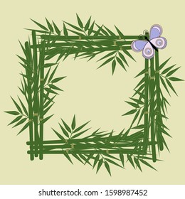 square frame made of bamboo and bamboo sheets with a butterfly, light beige background, green leaves, vector