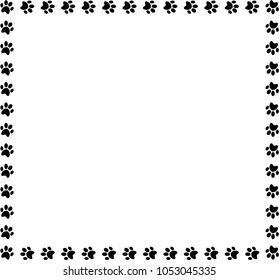 Square frame made of black animal paw prints on white background. Vector illustration, template, border, framework, photo frame, poster, banner, cats or dogs paw walking track.