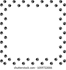 Square Frame Made Of Black Animal Paw Prints On White Background. Vector Illustration, Template, Border, Framework, Photo Frame, Poster, Banner, Cats Or Dogs Paw Walking Track.