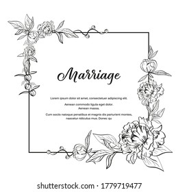 Square frame made with black and white peony flowers leaves. Mockup for template with text example for greeting card