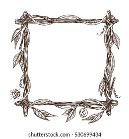 Square frame made of branches with feathers and leaves. Decorative outline element for design work in the boho style.