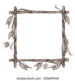 Square frame made of branches with feathers and leaves. Decorative outline element for design work in the boho style.