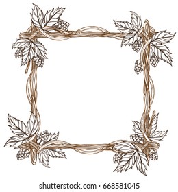 Square frame made of branches with leaves and hop cones. Outline decorative element for design isolated on white background.