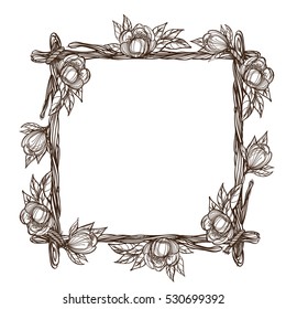 Square frame made of branches with lush flowers. Decorative outline element for design work in the boho style.