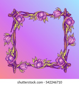 Square frame made of branches with lush flowers. Decorative element for design work in the boho style.