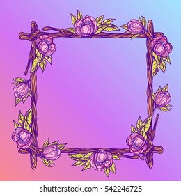 Square frame made of branches with lush flowers. Decorative element for design work in the boho style.