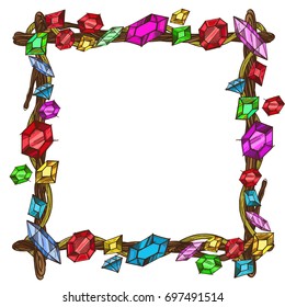 Square frame made of branches with precious stones. Decorative design element isolated on white background for invitations, greeting cards and other items.