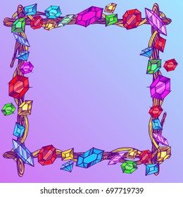 Square frame made of branches with precious stones. Decorative design element for invitations, greeting cards and other items.