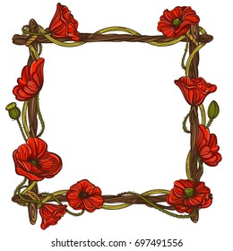 Square frame made of branches with red poppies. Vector illustration isolated on white background for invitations, greeting cards and other items.
