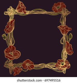Square frame made of branches with red poppies. Decorative design element for invitations, greeting cards and other items.