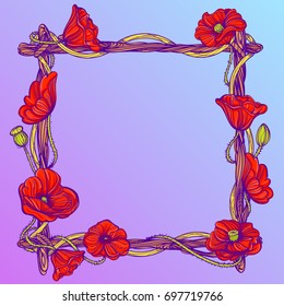 Square frame made of branches with red poppies. Decorative design element for invitations, greeting cards and other items.