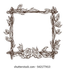 Square frame made of branches with roses and flower buds. Decorative outline element for design work in the boho style.