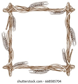 Square frame made of branches with spikelets of wheat. Outline decorative element for design isolated on white background.