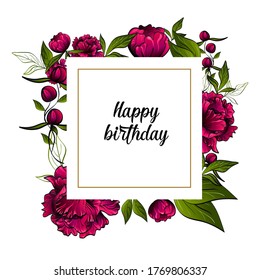 square frame made with bright purple peony flowers leaves and golden line and mockup for design on white background
