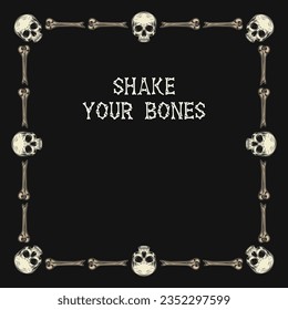 Square frame made of broken bones, half human skull. Layout, template with copy space, copy text. For Halloween, Dia de los Muertos holiday decoration. Gothic vintage style.