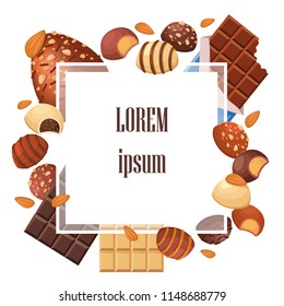 A square frame made of chocolates. Sweet confectionery. Vector illustration on white background. Template for a menu or leaflets or a chocolate shop banner. Place for text.