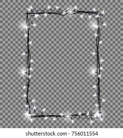 Square frame made of Christmas lights sparkling white lightbulbs decorative border vector illustration isolated on transparent background