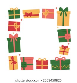 Square frame made from colorful gift boxes with bows. Holiday presents. Christmas or birthday template for banner, greeting card. Vector flat illustration isolated on white background