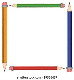 Square frame made of colorful pencils. White background and copy space.