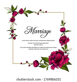 square frame made with colorful purple peony flowers and golden line and word marriage on white background