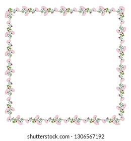 Square frame made of cosmos, clover, chamomile, carnation and poppy buds. Romantic floral square on white background for your design. 
