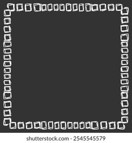 Square frame made of different sized handwritten squares. White on black. Vector illustration