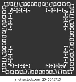 Square frame made of different sized handwritten squares, dashes and dots. White on black. Vector illustration