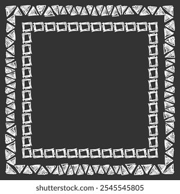 Square frame made of different sized hand drawn hatched triangles and squares. White on black. Vector illustration