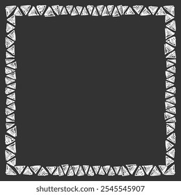 Square frame made of different sized hand drawn hatched triangles. White on black. Vector illustration