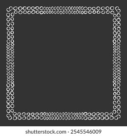 Square frame made of different sized hand drawn circles. White on black. Vector illustration