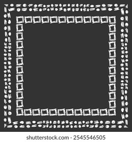 Square frame made of different sized handwritten dashes, dots and squares. White on black. Vector illustration