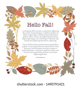 Square frame made of fall, autumn leaves, twigs and branches with place for text inside, vector illustration. Square frame, border design with twigs and branches