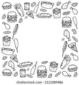 square frame made of fast food. vector pattern of ice cream, croissants, pizza, hamburgers, sandwiches, hot dog, with an empty space inside drawn in doodle style, black isolated outline for restaurant