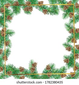 Square frame made of fir forest paws with cones. Vector design element for holiday posters and cards.
