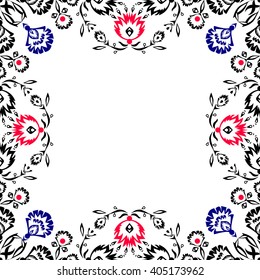 Square frame made with floral embroidery motifs. Ethnic pattern with cute retro flowers. Frame with Space for Text Invitations Announcements. Vintage Ethnic Ornament. Vector illustration. Folk art.
