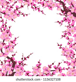 Square frame made with flowering tree branches and shoots with pink flowers on white background.  Plum blossom is a symbol for spring. Floral decoration for Chinese New Year. Vector flat illustration.