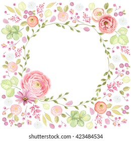 Square frame made of flowers and leaves with window, vector floral illustration with butterfly in vintage watercolor style.