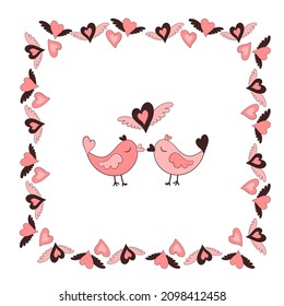 Square frame made of flying hearts. Lovers kissing birds in the center